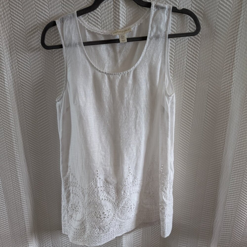 Cynthia Rowley 100% White  Linen Sleeveless Top Embroidered Hem Medium Coastal - Picture 2 of 12